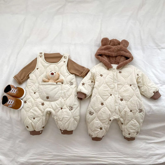 Winter Baby Hooded Romper – Thickened Organic Cotton, Oversized Bubble Ruffle