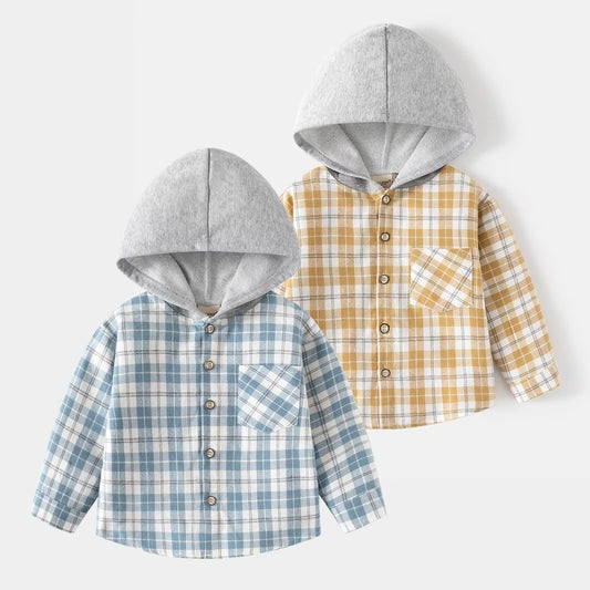 Korean Boys' Long-Sleeved Plaid Shirts – New, Hooded