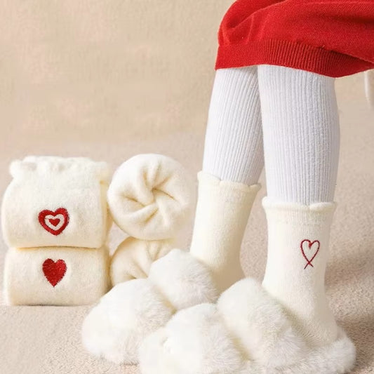 Girls' Pure Color Velvet Cotton Socks – Embroidered Heart (Double-Sided Warm, Thickened)