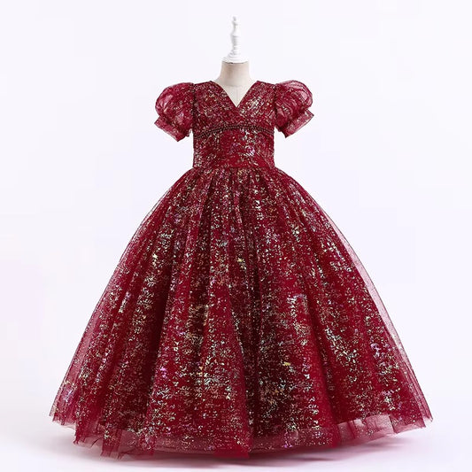 Girls' Princess Long Wedding Dress – Bubble Sleeve, Venus-Cut