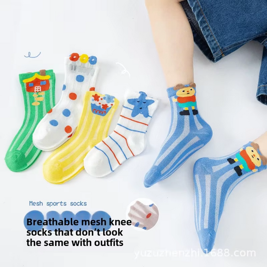 Boys & Girls' Mid-Calf Mesh Socks – Spring/Summer New (Cute Cartoon Animals)