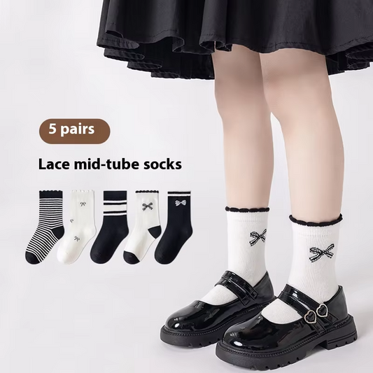Kids' Cute Princess Knee Socks – Fall/Winter New (Black & White Pinstripe, Lace)
