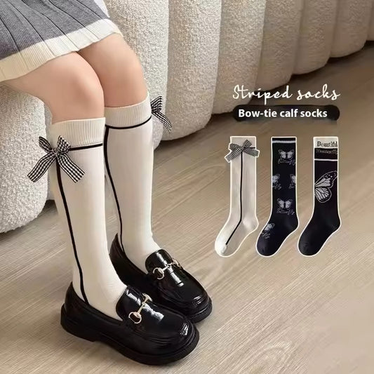 Girls' Cute Calf Socks – Long Tube (3-12 Years, Butterfly & Bow)