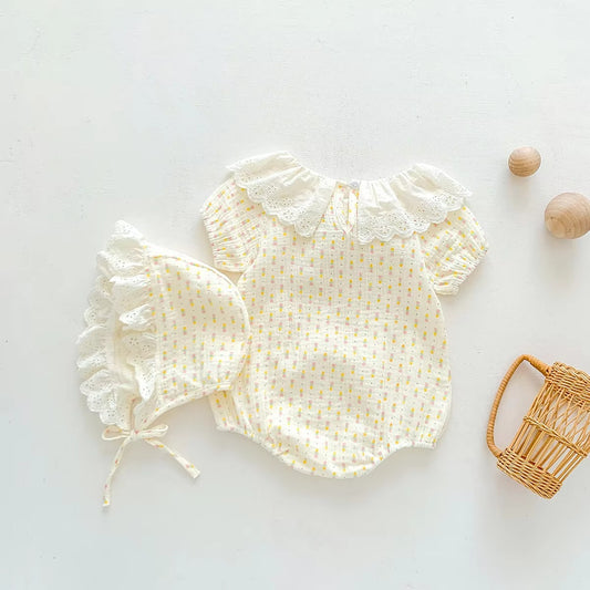 Baby Girls' Ruffled Round Neck Print Lace Romper