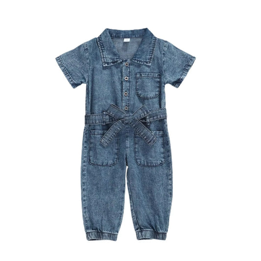 Hot Sale Summer Baby Girls Jumpsuit – Solid, Short-Sleeve Denim Bodysuit