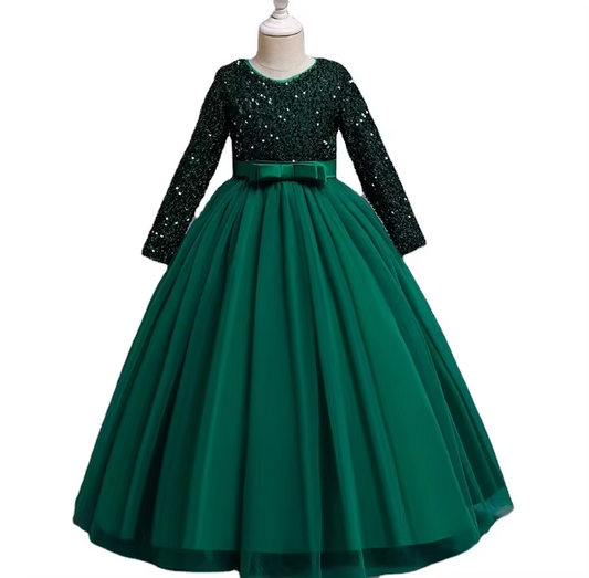12-18 Months Baby Girls' Dresses – Patchwork Green, Lace (Long Sleeve/Sleeveless)