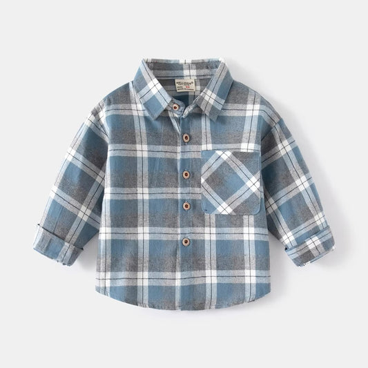 Korean-Style Boys' Plaid Long-Sleeve Shirts – New Spring (Lapel, Cotton, Comfortable)