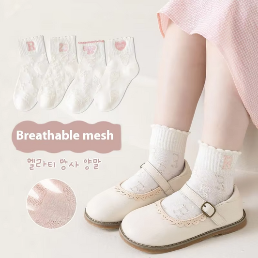 Toddler Girls' White Cotton Socks – Mesh Boat Style (Princess Embroidered, Letters) Spring/Summer