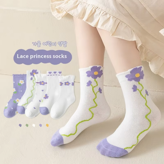 Girls' Purple Flower Cotton Socks – Anti-Odor, Breathable (Student)
