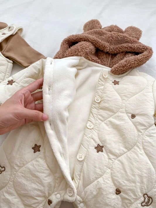 Winter Baby Hooded Romper – Thickened Organic Cotton, Oversized Bubble Ruffle