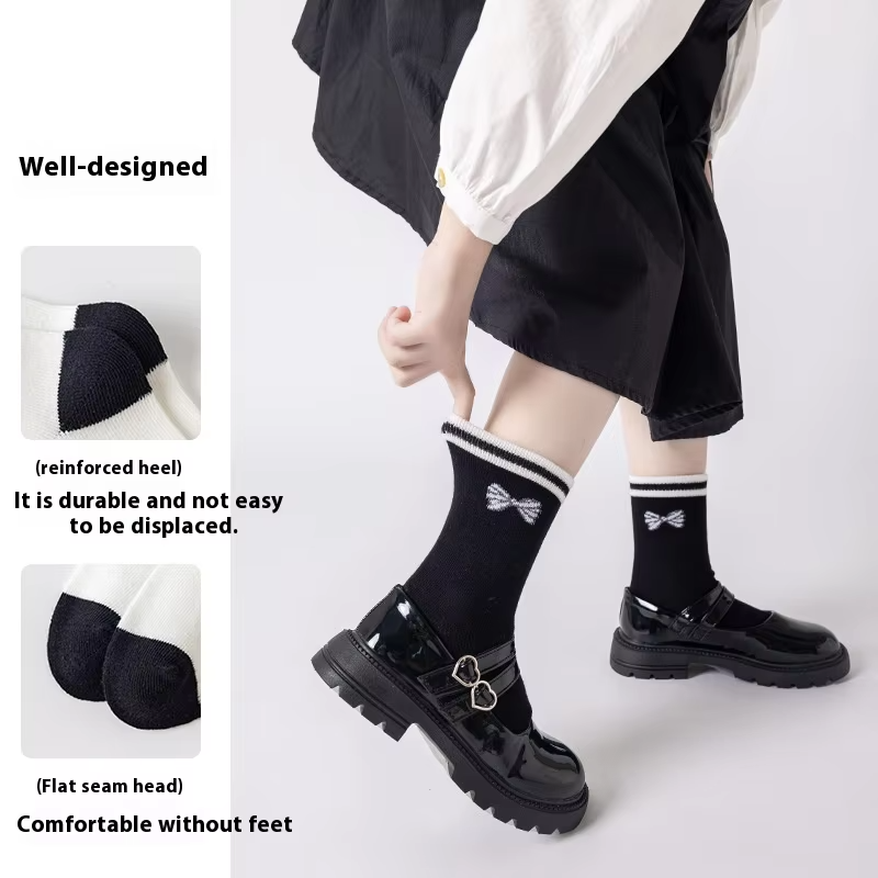Kids' Cute Princess Knee Socks – Fall/Winter New (Black & White Pinstripe, Lace)