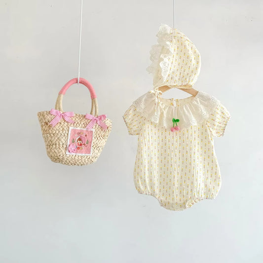 Baby Girls' Ruffled Round Neck Print Lace Romper