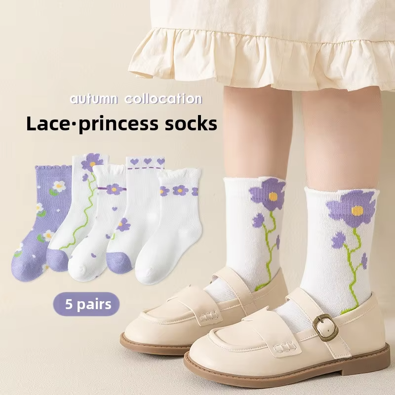 Girls' Purple Flower Cotton Socks – Anti-Odor, Breathable (Student)