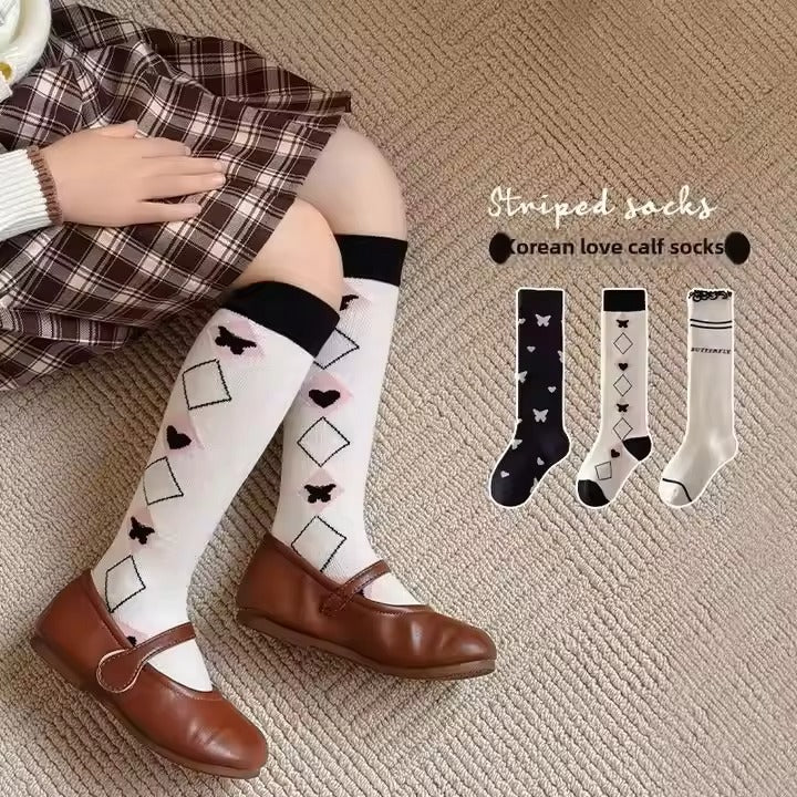 Girls' Cute Calf Socks – Long Tube (3-12 Years, Butterfly & Bow)