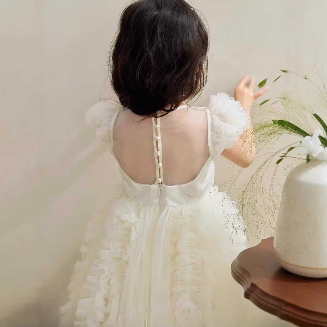 Girls' Princess Evening Dress – Pearl Rhinestone Mesh (Backless, Summer Chiffon)