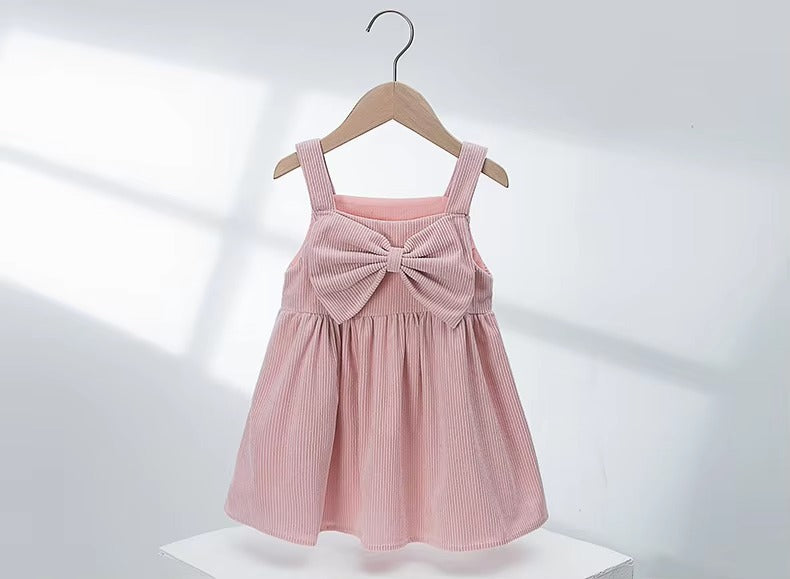 Ins Popular Spring/Summer Korean Kids' Corduroy Bow Strap Dress