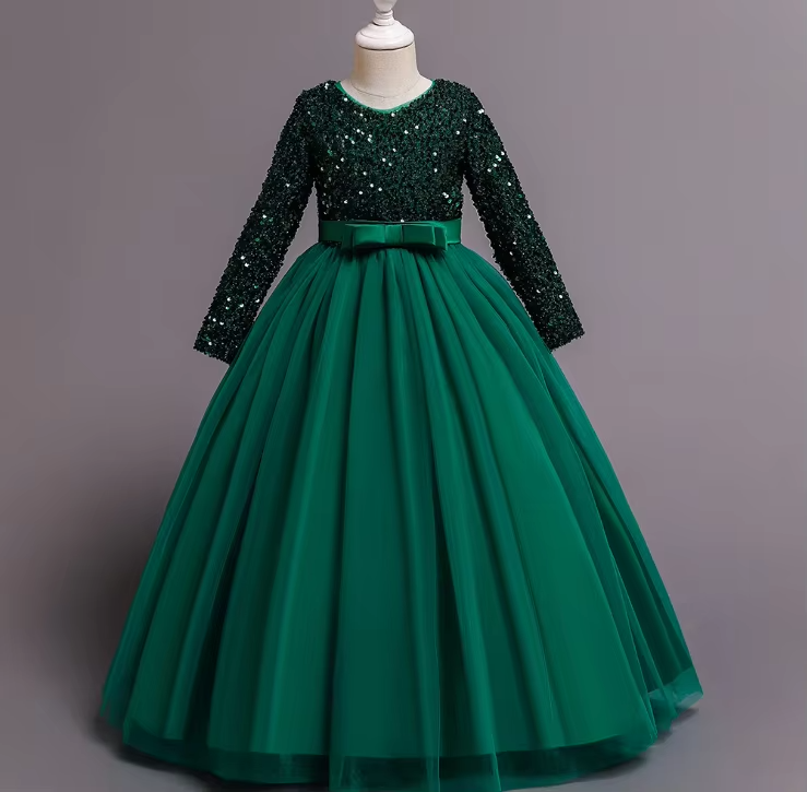 12-18 Months Baby Girls' Dresses – Patchwork Green, Lace (Long Sleeve/Sleeveless)