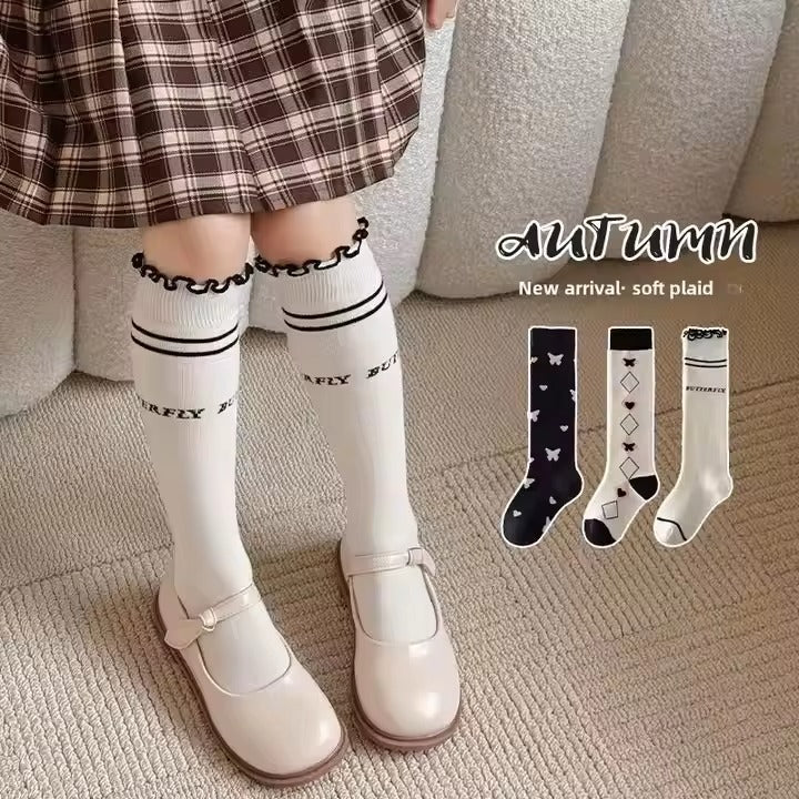 Girls' Cute Calf Socks – Long Tube (3-12 Years, Butterfly & Bow)