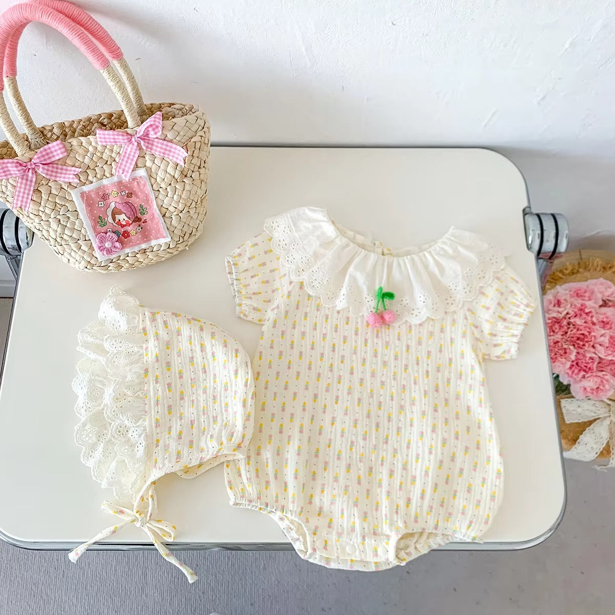 Baby Girls' Ruffled Round Neck Print Lace Romper