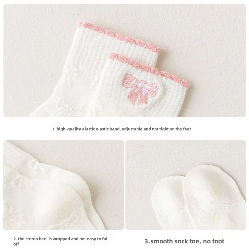 Toddler Girls' White Cotton Socks – Mesh Boat Style (Princess Embroidered, Letters) Spring/Summer