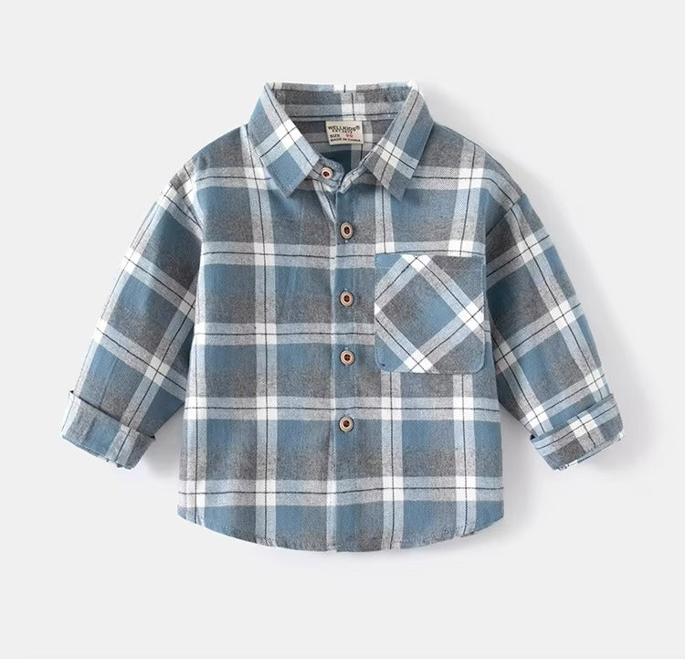 Korean-Style Boys' Plaid Long-Sleeve Shirts – New Spring (Lapel, Cotton, Comfortable)