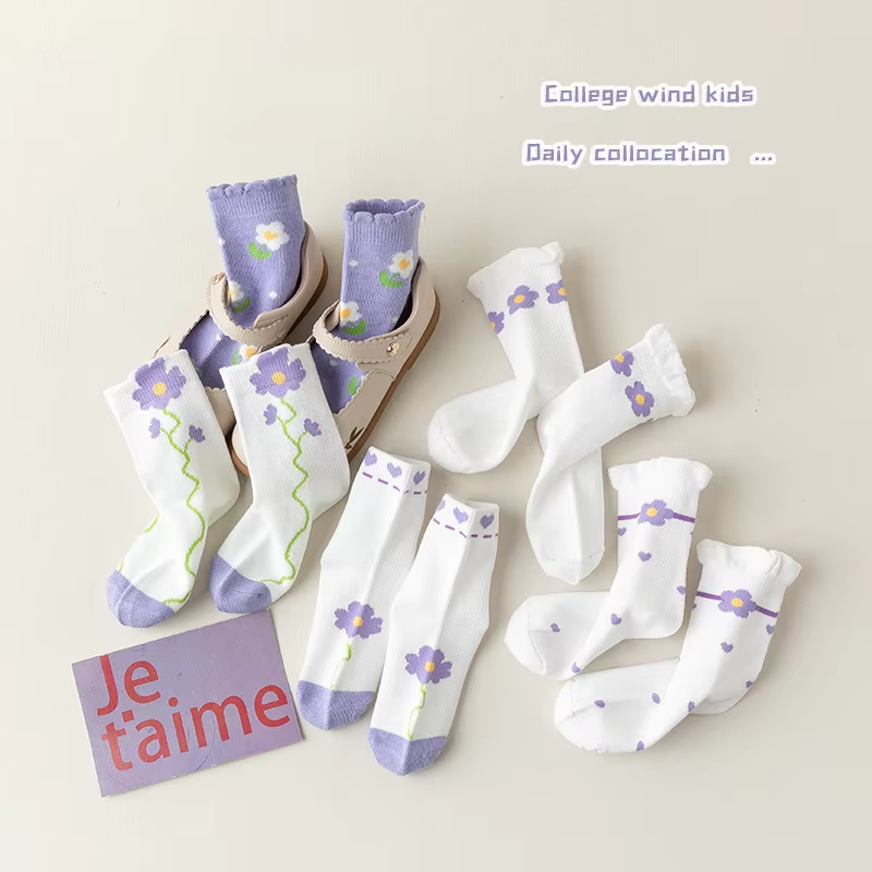 Girls' Purple Flower Cotton Socks – Anti-Odor, Breathable (Student)