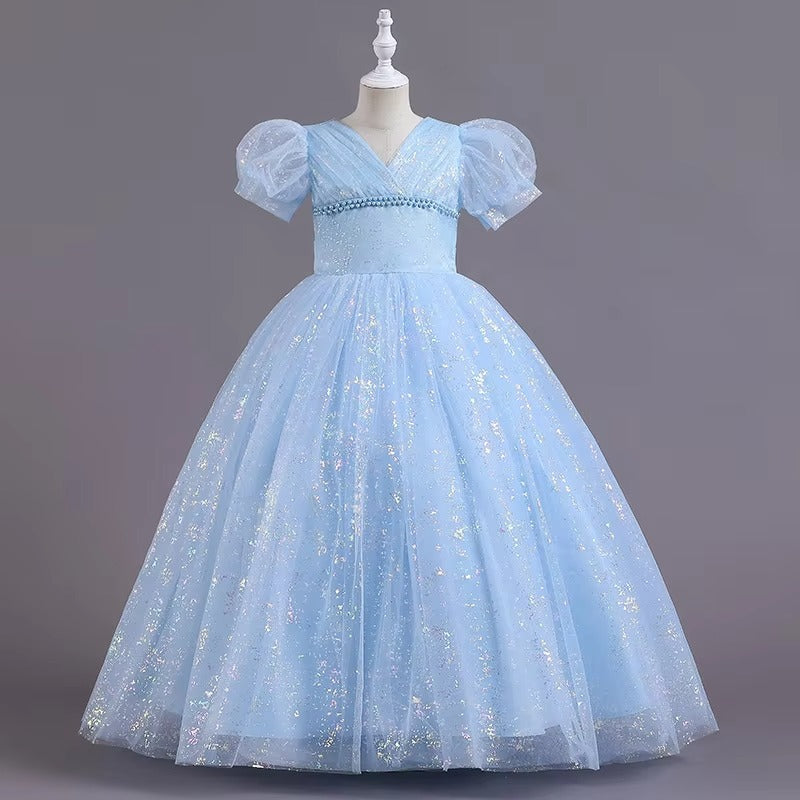 Girls' Princess Long Wedding Dress – Bubble Sleeve, Venus-Cut