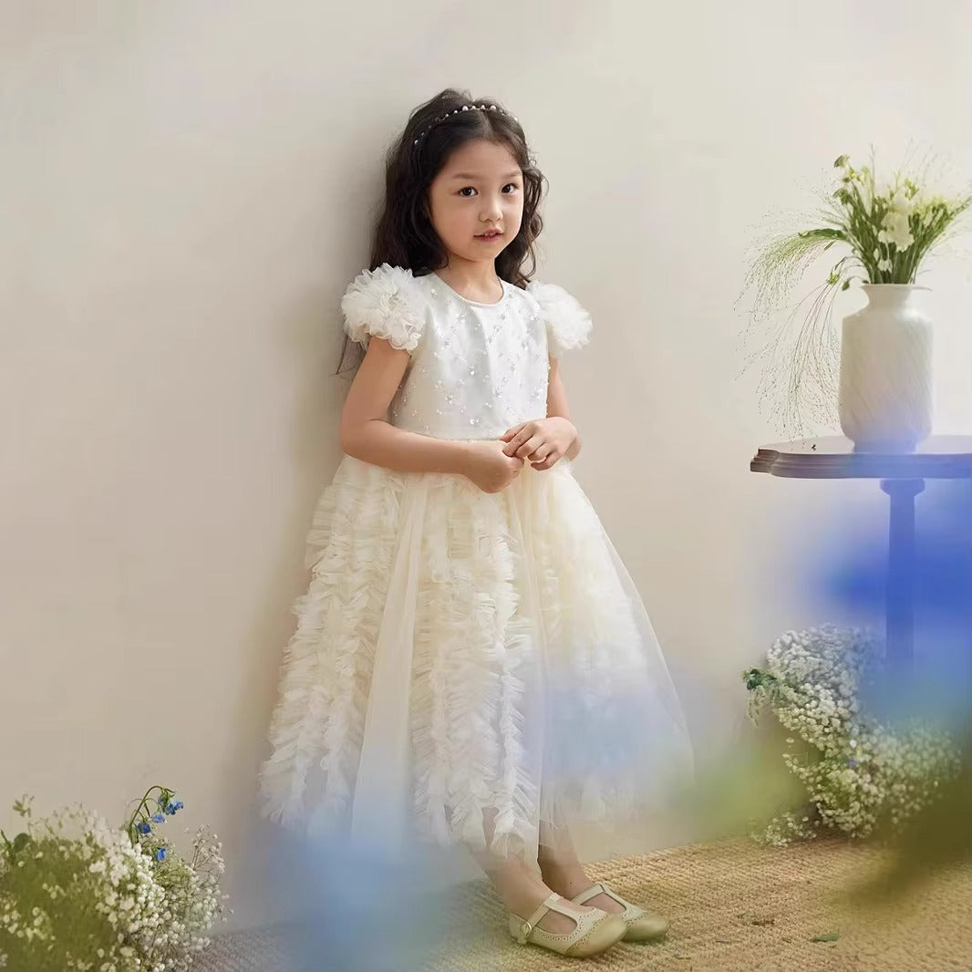 Girls' Princess Evening Dress – Pearl Rhinestone Mesh (Backless, Summer Chiffon)