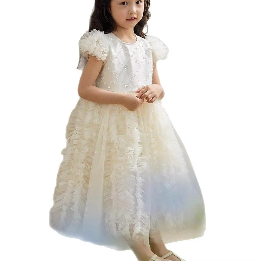 Girls' Princess Evening Dress – Pearl Rhinestone Mesh (Backless, Summer Chiffon)