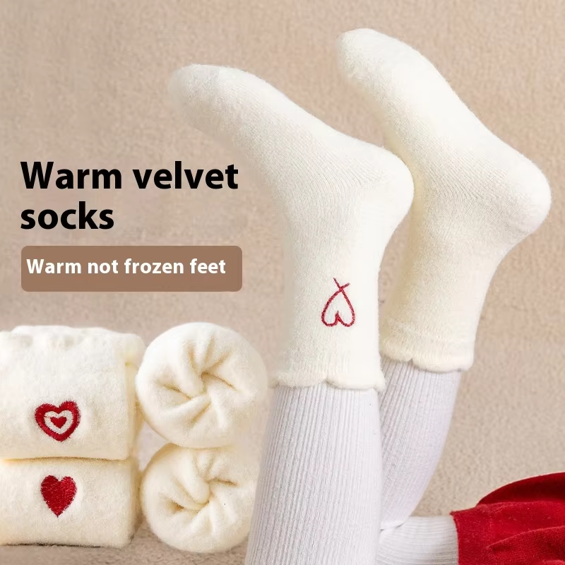 Girls' Pure Color Velvet Cotton Socks – Embroidered Heart (Double-Sided Warm, Thickened)