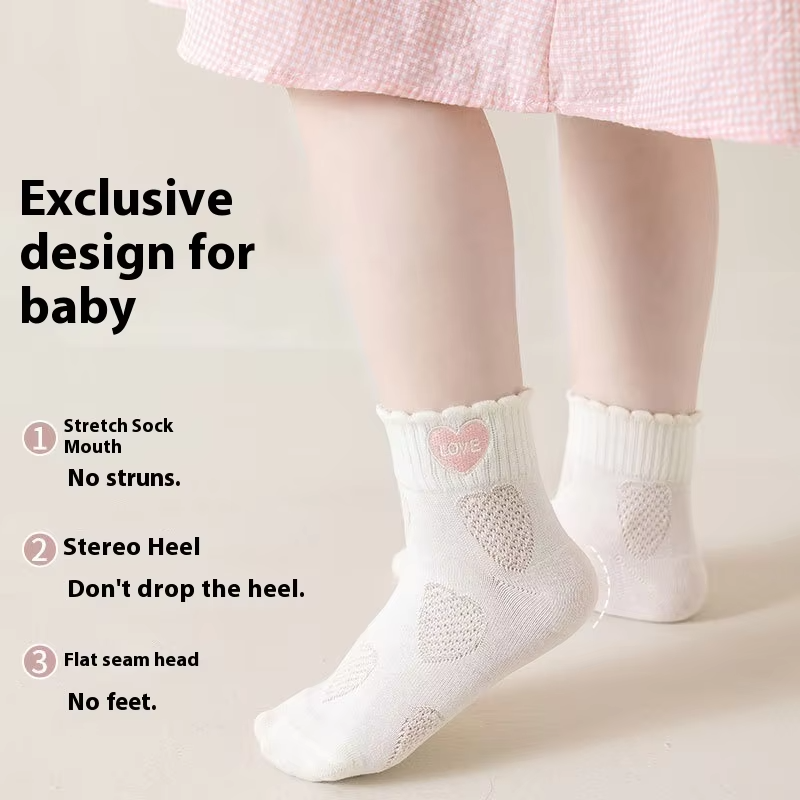 Toddler Girls' White Cotton Socks – Mesh Boat Style (Princess Embroidered, Letters) Spring/Summer
