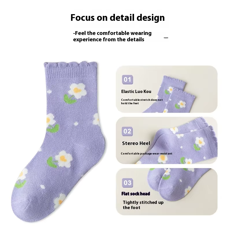 Girls' Purple Flower Cotton Socks – Anti-Odor, Breathable (Student)