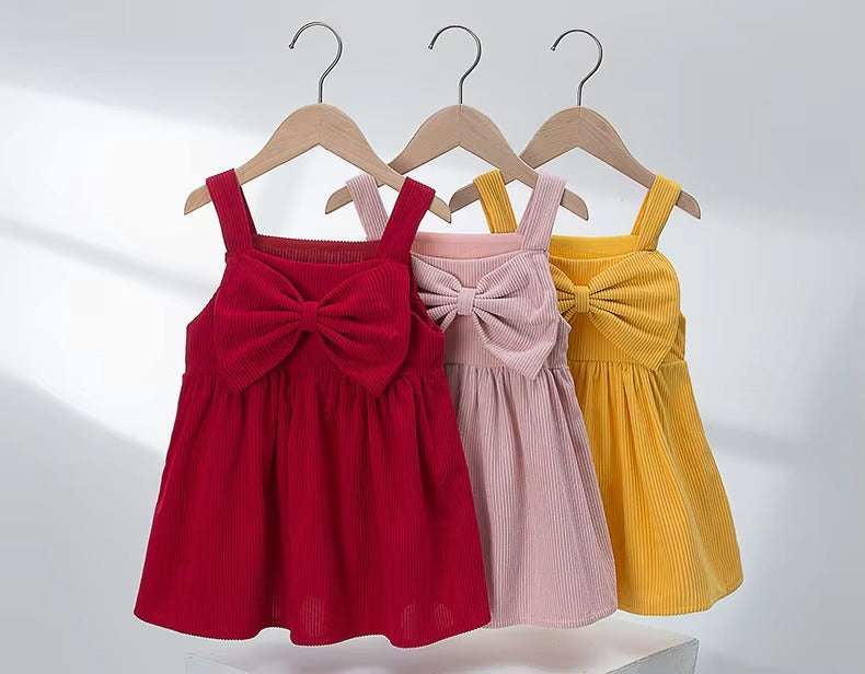 Ins Popular Spring/Summer Korean Kids' Corduroy Bow Strap Dress