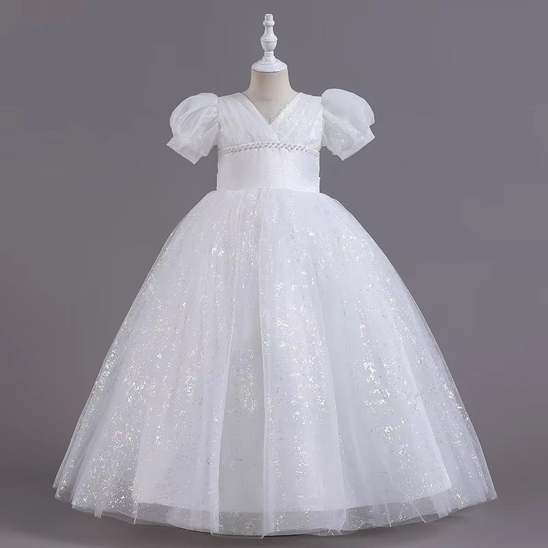 Girls' Princess Long Wedding Dress – Bubble Sleeve, Venus-Cut