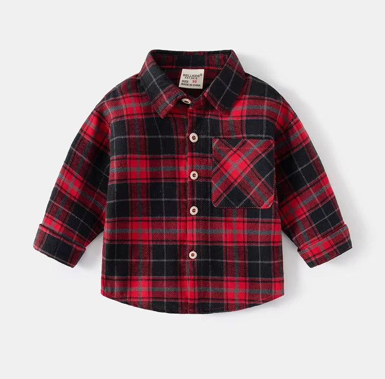 Korean-Style Boys' Plaid Long-Sleeve Shirts – New Spring (Lapel, Cotton, Comfortable)