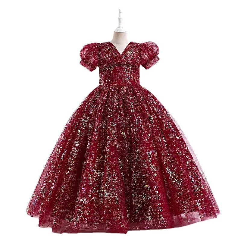 Girls' Princess Long Wedding Dress – Bubble Sleeve, Venus-Cut