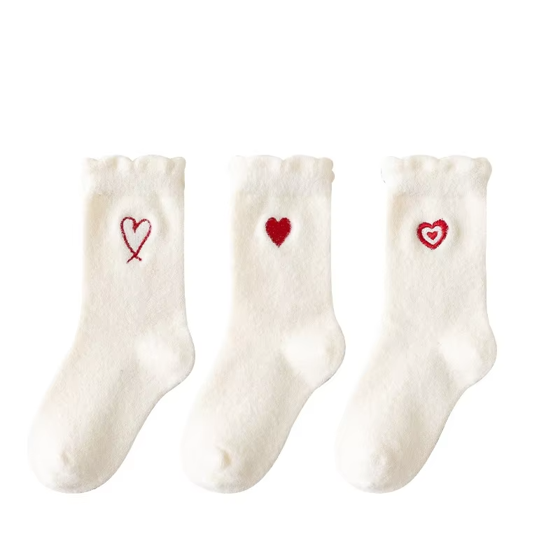Girls' Pure Color Velvet Cotton Socks – Embroidered Heart (Double-Sided Warm, Thickened)