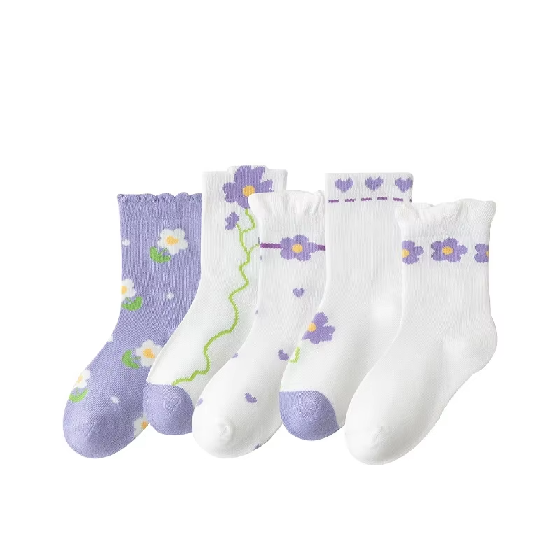 Girls' Purple Flower Cotton Socks – Anti-Odor, Breathable (Student)
