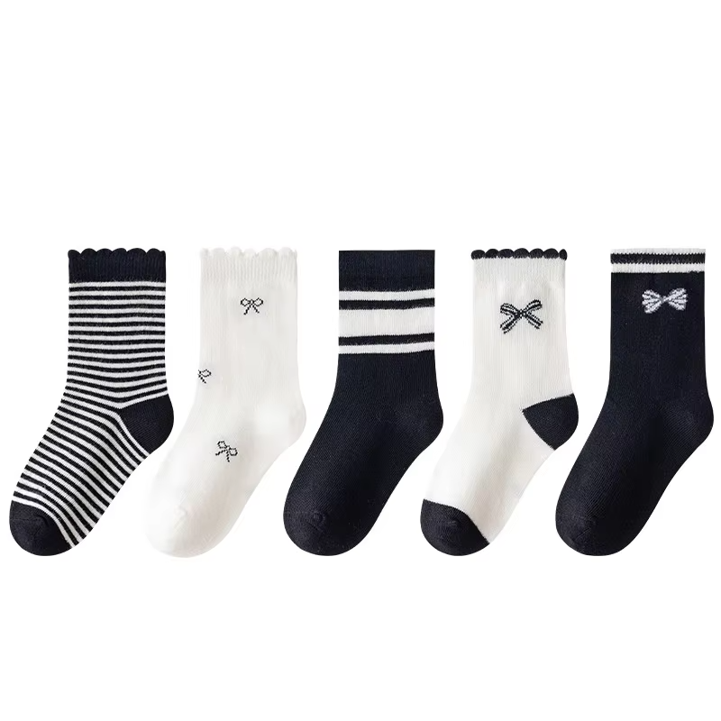 Kids' Cute Princess Knee Socks – Fall/Winter New (Black & White Pinstripe, Lace)