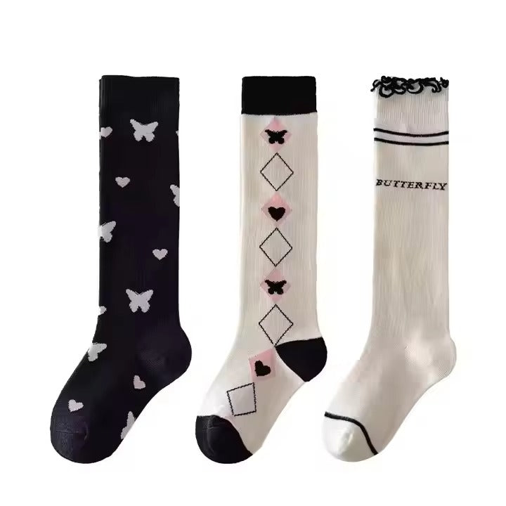 Girls' Cute Calf Socks – Long Tube (3-12 Years, Butterfly & Bow)