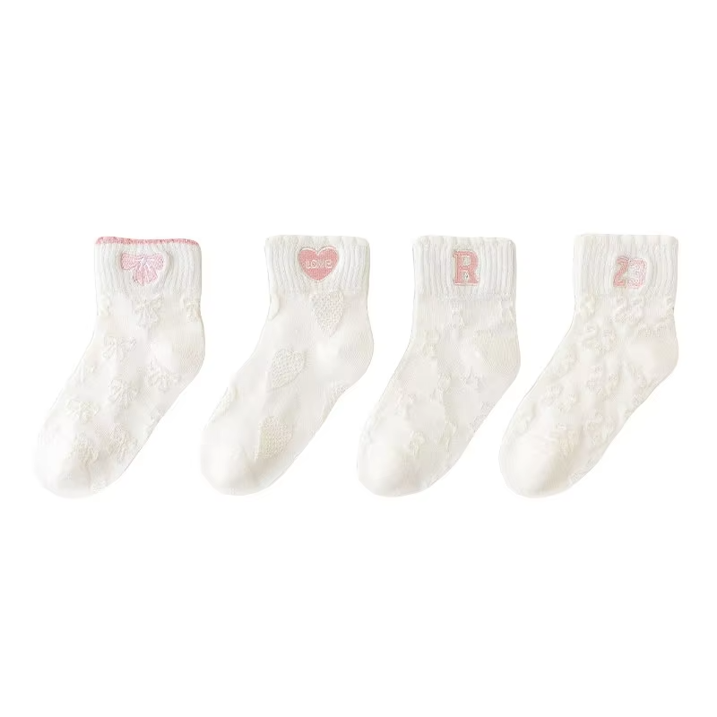 Toddler Girls' White Cotton Socks – Mesh Boat Style (Princess Embroidered, Letters) Spring/Summer