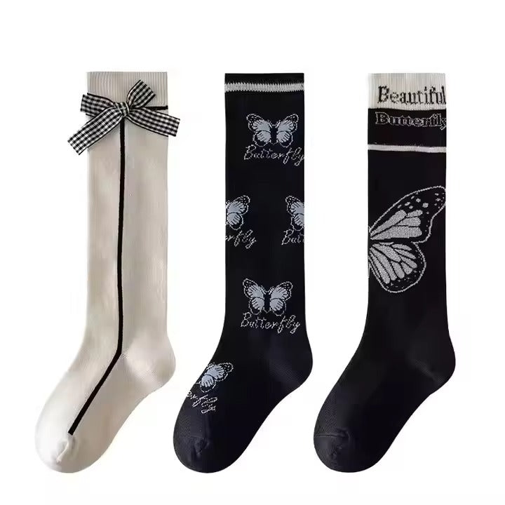 Girls' Cute Calf Socks – Long Tube (3-12 Years, Butterfly & Bow)