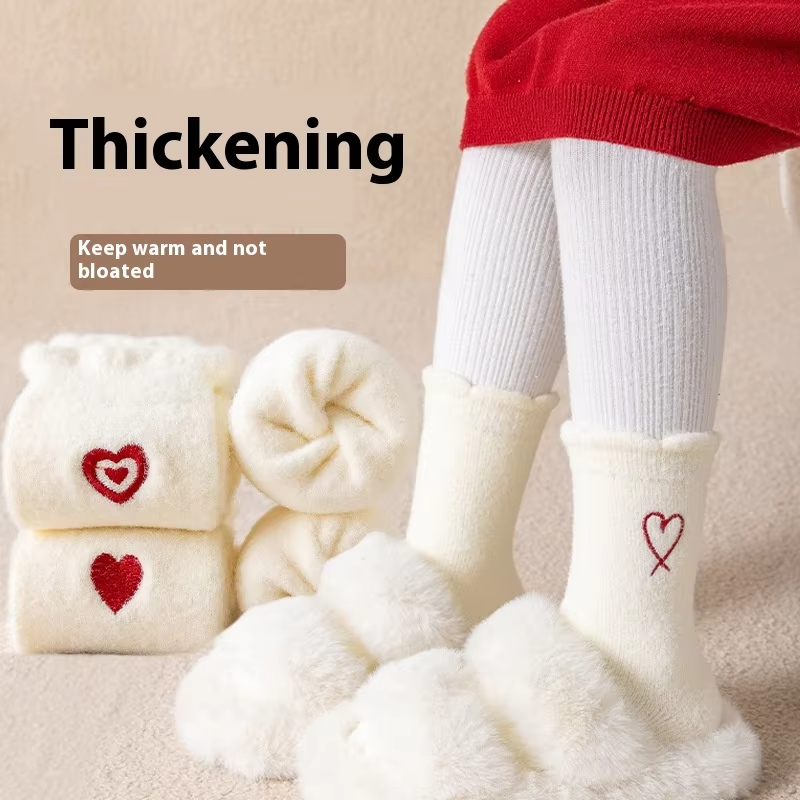 Girls' Pure Color Velvet Cotton Socks – Embroidered Heart (Double-Sided Warm, Thickened)