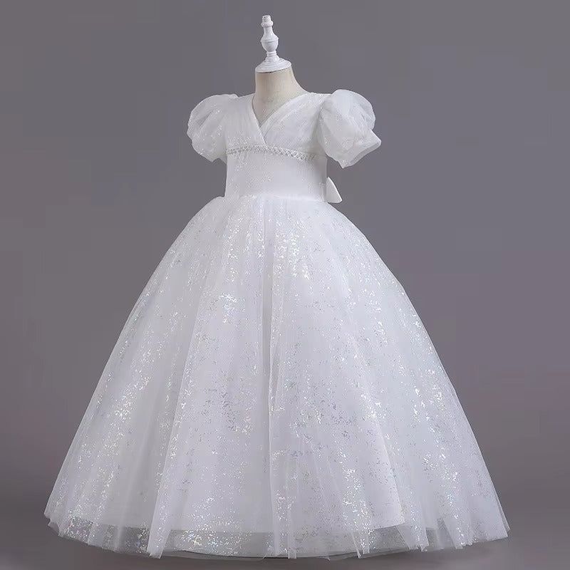 Girls' Princess Long Wedding Dress – Bubble Sleeve, Venus-Cut