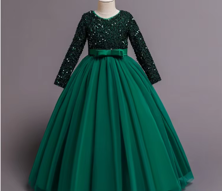 12-18 Months Baby Girls' Dresses – Patchwork Green, Lace (Long Sleeve/Sleeveless)