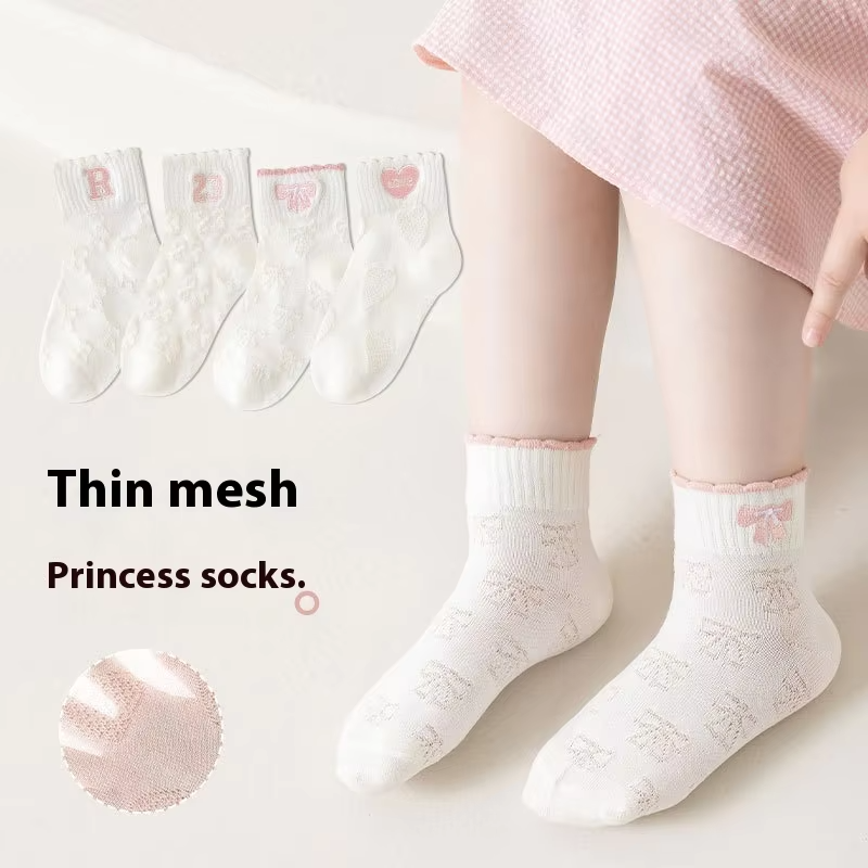 Toddler Girls' White Cotton Socks – Mesh Boat Style (Princess Embroidered, Letters) Spring/Summer