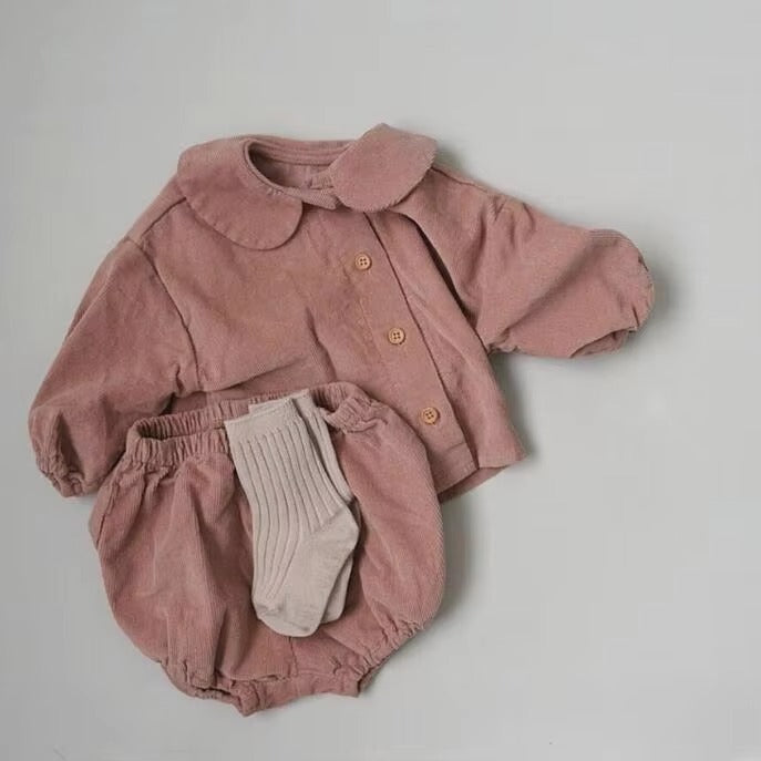 12-18 Months Baby 2-Piece Set – Embroidery Corduroy Floral Top + Shorts