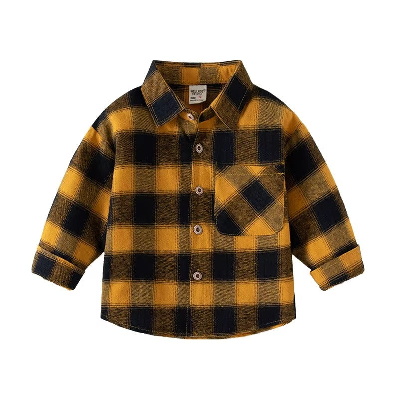 Korean-Style Boys' Plaid Long-Sleeve Shirts – New Spring (Lapel, Cotton, Comfortable)