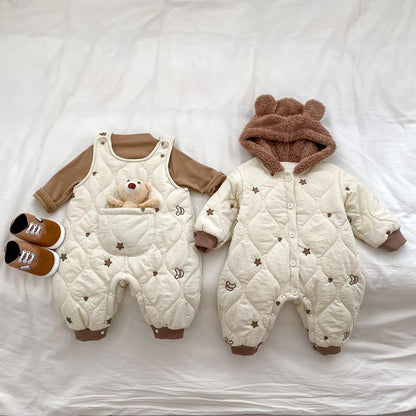 Winter Baby Hooded Romper – Thickened Organic Cotton, Oversized Bubble Ruffle