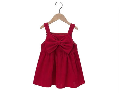 Ins Popular Spring/Summer Korean Kids' Corduroy Bow Strap Dress